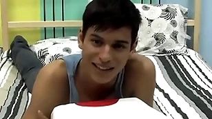 Cute twink is carrying-on with his cock during an interview
