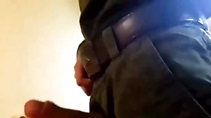 Russian gunslinger licks dirty shoes and jerks off his chunky dick