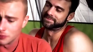 Stepsons and stepdads sharing body heat on camping trip