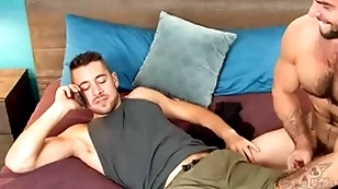 Hairy stud breeds jock in missionary before riding for cum