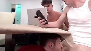 Young stepbro decides to go lower than eradicate affect table and suck three stepbrother's dicks - myhotbro