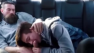 Twink step son and his step pater fuck in the back seat of their car during driving practice