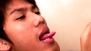 Cocksucking asian twinks have bareback duo before pissing