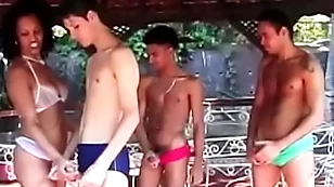 Three latino lovers have hard fuck stint with three suggestive sluts outdoors