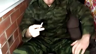 Soldier fucks young gay and cums on his boots / man moans / dirty talk / smoking