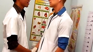Uniformed twinks breeding asian patient in threesome for cum