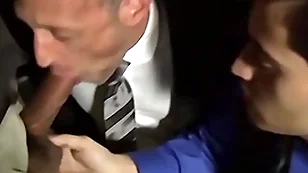 Literal bearded stud sucking several cocks in an orgy
