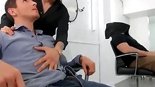 Dark-haired hotties san bass & killiam wesker coins sloppy blowjobs on the barber chair - reality dudes