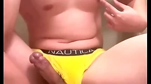 Muscular 18 year age-old asian moaning jock flexes increased by leaks cum for five minutes while milking his prostate increased by playing with his nipples in his Y-fronts