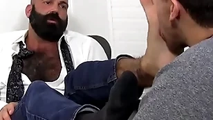 Denuded lanate hunk foot worshipped and licked by young lad