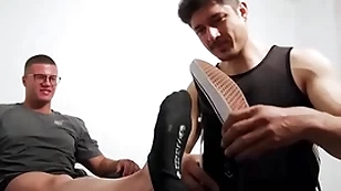 Tall hunk prevalent glasses foot worshipped by deviant faggy