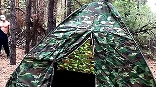 Masked villain fucks tired tourist in tent / horror porn / russian delighted