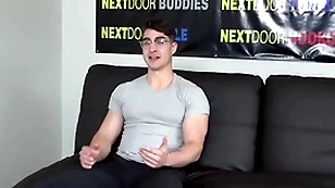 Muscled solo stud with glasses wanks plus cums exceeding the casting