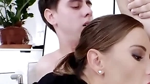 Bisexual office babe fucked in mmf 3some after deep sucking