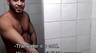 Two hot amateur young latino jocks paid cash apart from foreigner to leman in gym shower