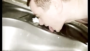 Careless boy licking public beach toilet